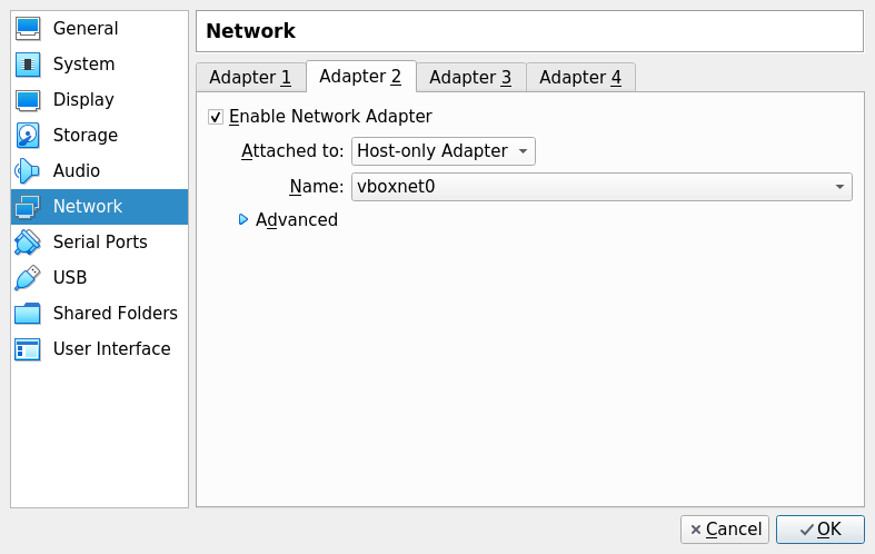 Host-only Adapter settings